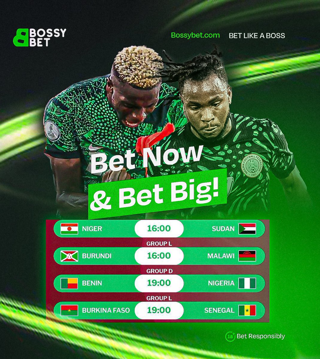 Bossy_bet's tweet image. Nigeria continue their AFCON qualifiers today, bet now, lock in your predictions and win big 
bossybet.com