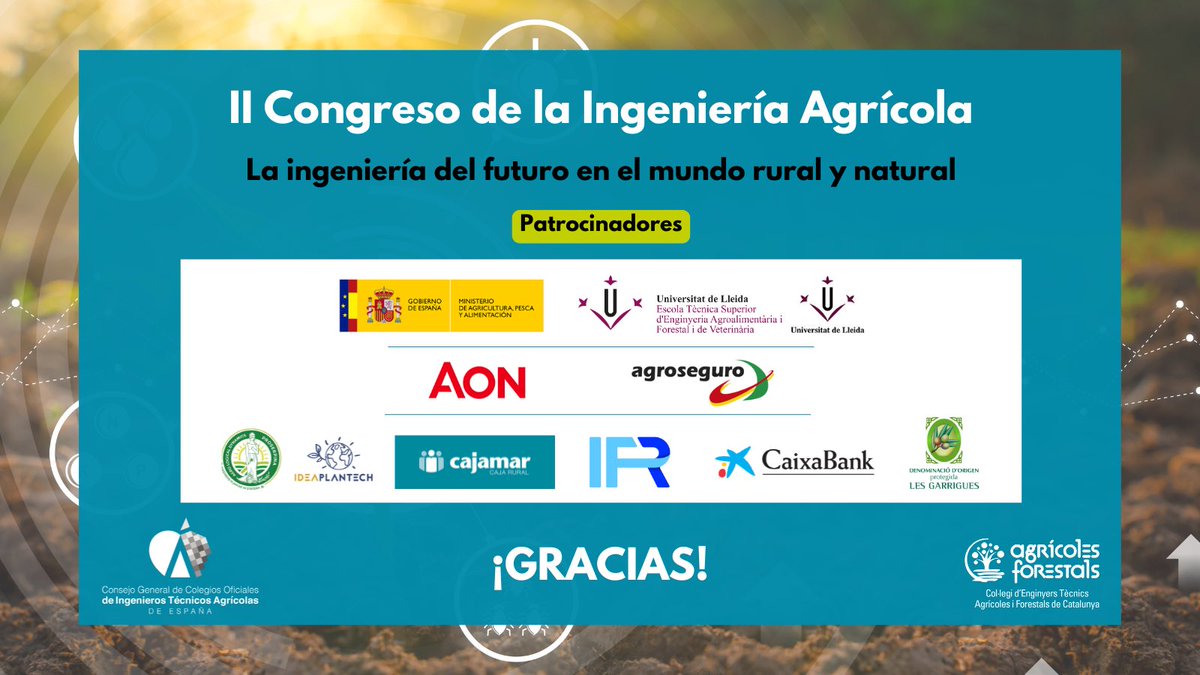 ConsejoAgricola's tweet photo. Con la jornada clausurada damos las gracias a todos los asistentes, a la @etseafiv_udl por acogernos en su casa, al @CETAF_Cat por el apoyo en la organización y a todos los patrocinadores que han hecho posible este II Congreso de Ingeniería Agrícola. https://t.co/aOwXCxLRbw