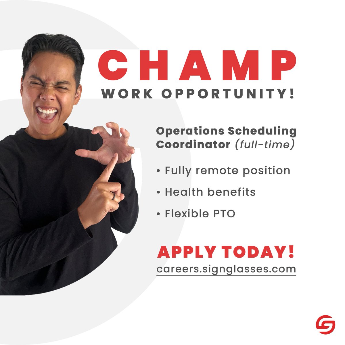 signglasses's tweet photo. Champ work opportunity! We’re hiring an Operations Scheduling Coordinator (full-time). This is a fully remote position with health benefits and flexible PTO included. Apply today! https://t.co/KuudboKmvR https://t.co/Gi4iKRneyS