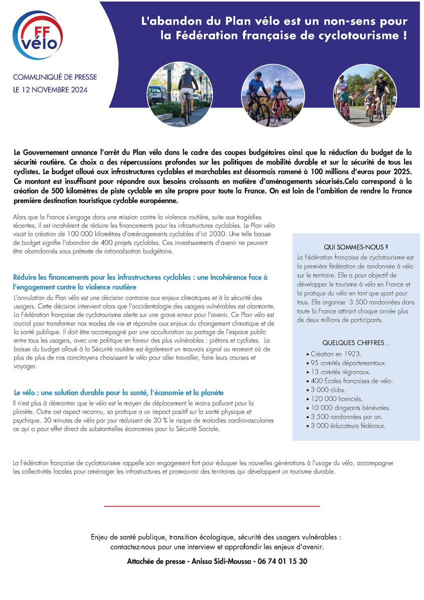 🚨 Abandon du Plan vélo, une erreur pour l'avenir !
<a href="/FFVelo_officiel/">FFVélo</a> dénonce la baisse des financements pour le vélo et la sécurité routière. Une décision qui freine la mobilité durable et met en danger la sécurité de tous.
Ensemble, soutenons le vélo pour un avenir plus sûr ! 🚴