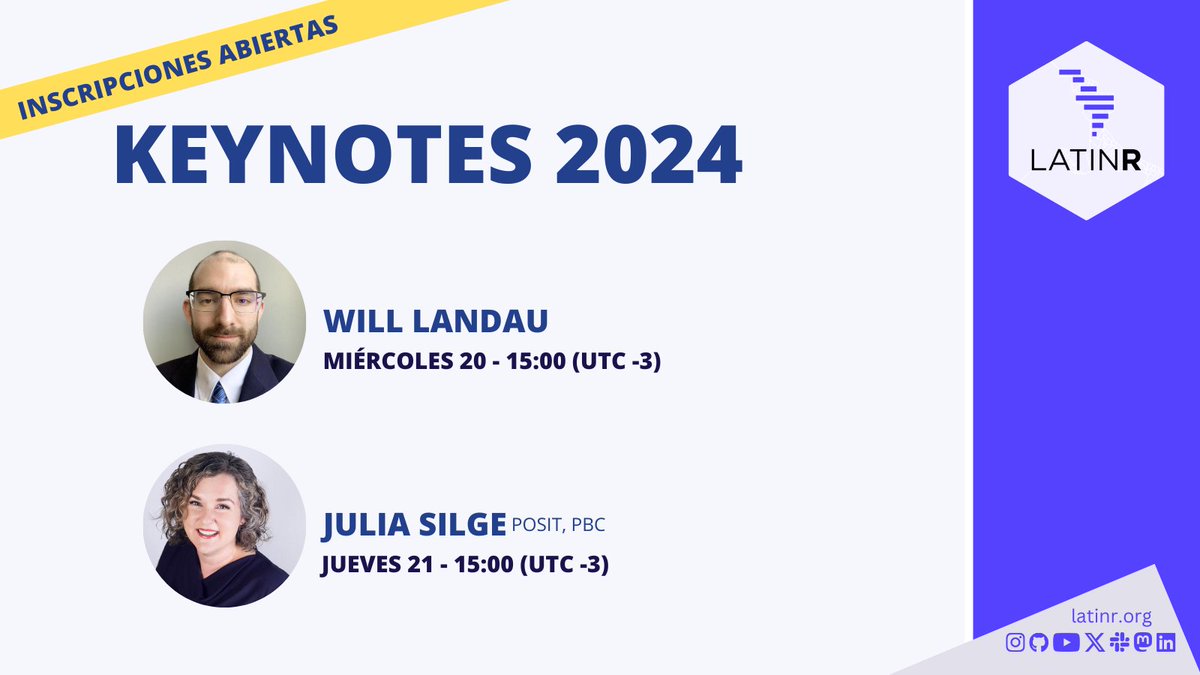 LatinR (@latinr_conf) on Twitter photo ¡Agenda los horarios de nuestros Keynotes para #LatinR2024!
No te pierdas la oportunidad de escuchar a expertos en el área de programación con R
Inscripción gratuita en:
eventbrite.cl/e/latinr-2024-… ¡Agenda los horarios de nuestros Keynotes para #LatinR2024!
No te pierdas la oportunidad de escuchar a expertos en el área de programación con R
Inscripción gratuita en:
eventbrite.cl/e/latinr-2024-…