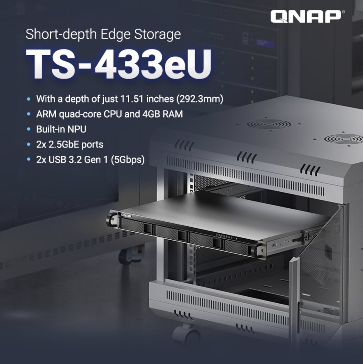 QNAPCanada's tweet image. Discover the QNAP TS-433eU: A 1U short-depth NAS perfect for tight spaces with dual 2.5GbE, AI photo recognition, low power, and enterprise-grade security! Ideal for small offices and factories. Learn more: qnap.to/6pjnye #QNAP #EdgeStorage #1U