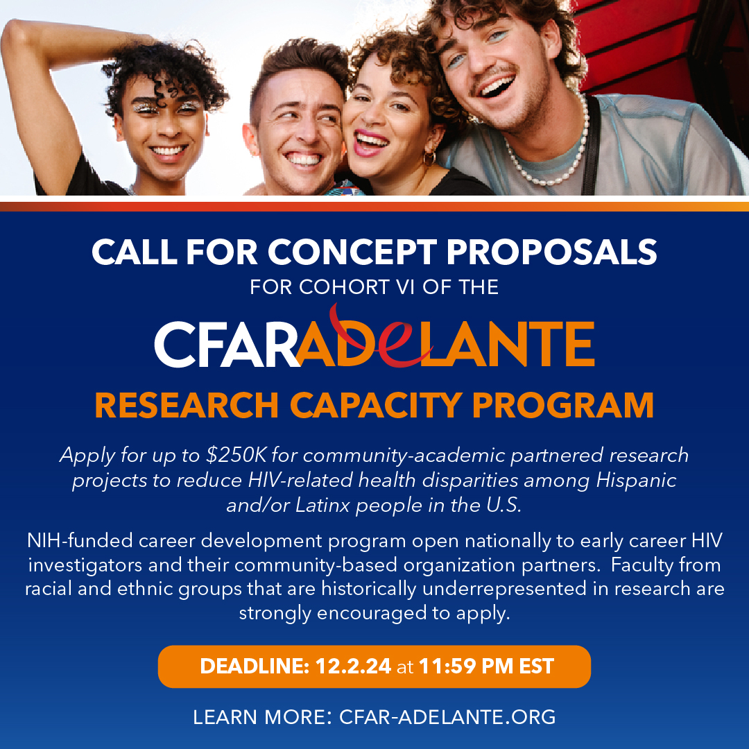 Emory CFAR (@emorycfar) on Twitter photo 📢💰Are you an early career #HIV researcher working with Hispanic/#Latinx communities in the U.S.? Want up to $250K for a pilot project? Check out the <a href="/NIMHD/">Health Disparities</a>-funded #CFARAdelante Research Capacity Program & submit a Concept Proposal by 12/2.
Full RFA: cfar-adelante.org/apply-for-prog… 📢💰Are you an early career #HIV researcher working with Hispanic/#Latinx communities in the U.S.? Want up to $250K for a pilot project? Check out the <a href="/NIMHD/">Health Disparities</a>-funded #CFARAdelante Research Capacity Program & submit a Concept Proposal by 12/2.
Full RFA: cfar-adelante.org/apply-for-prog…