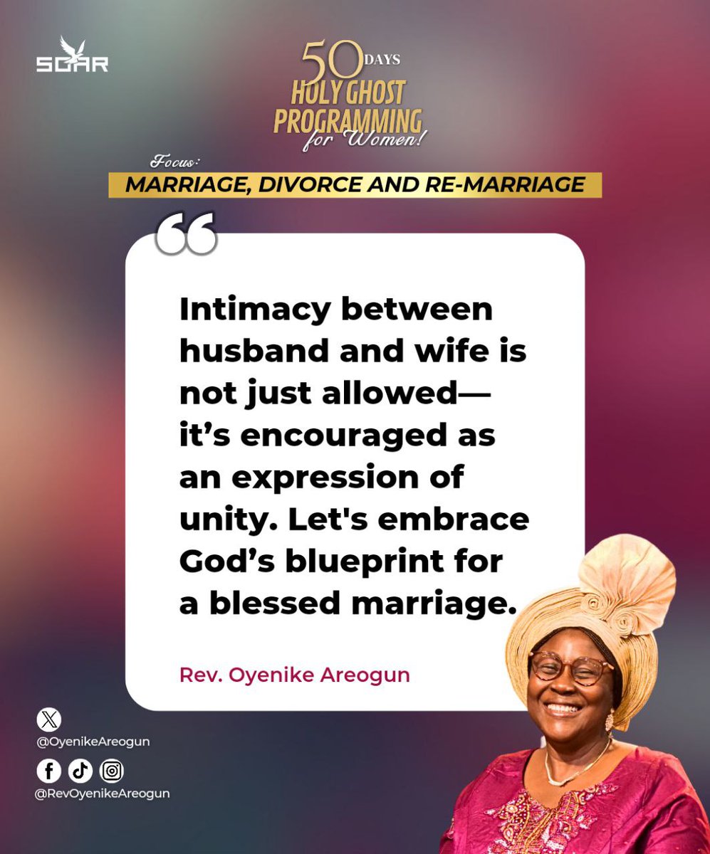 oyenikeareogun's tweet photo. Holy Ghost Programming: Marriage, Divorce & Re-Marriage
Intimacy between husband and wife isn’t just allowed—it’s encouraged as a beautiful expression of unity! Let’s embrace God’s blueprint for a blessed marriage. 💍✨
#HolyGhostProgramming #MarriageGodsWay #RevOyenikeAreogun https://t.co/uF2iufkPlt