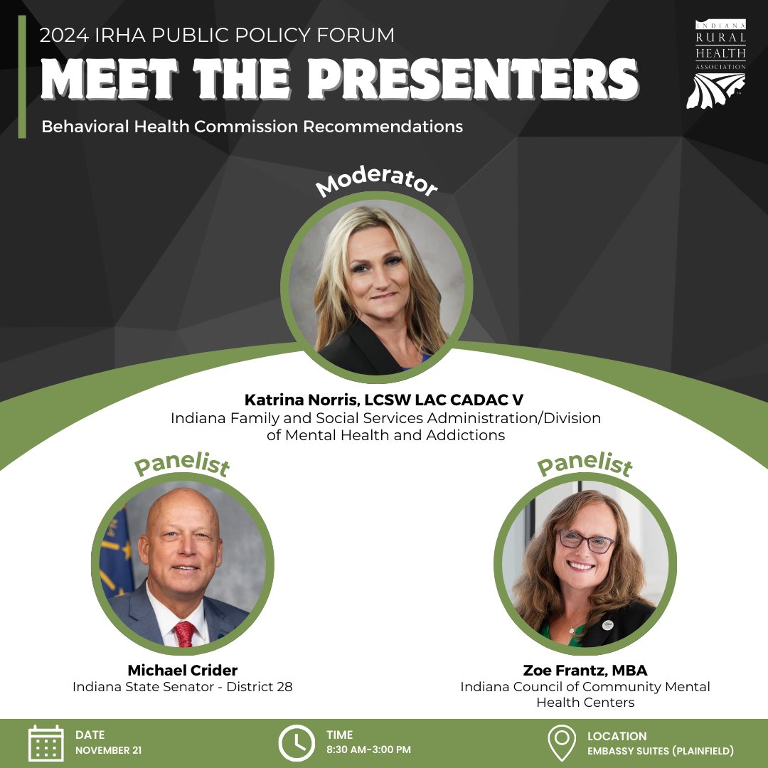 🔥 You’re invited to the 2024 IRHA Public Policy Forum on November 21! Join us for an insightful panel discussion led by Katrina Norris, LCSW LAC CADAC V, featuring Indiana State Senator Michael Crider and Zoe Frantz, MBA.

Secure your spot today 👉 ow.ly/kS8C50TVJcu