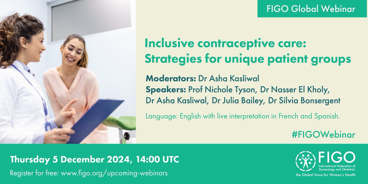 FIGO HQ (@figohq) on Twitter photo 🌐 Join FIGO’s Committee on Contraception for a key webinar on tailored contraceptive care for diverse patient groups! 📅 Dec 5, 2024 | 14:00 UTC
Topics: Adolescents, cardiac conditions, 40+, transgender & non-binary individuals, HIV and more.
Register: figo.ooo/40TSMnx 🌐 Join FIGO’s Committee on Contraception for a key webinar on tailored contraceptive care for diverse patient groups! 📅 Dec 5, 2024 | 14:00 UTC
Topics: Adolescents, cardiac conditions, 40+, transgender & non-binary individuals, HIV and more.
Register: figo.ooo/40TSMnx