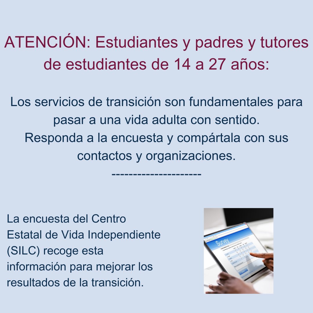 El Centro Estatal de Vida Independiente pide que llene una encuesta sobre los Servicios de Transición para estudiantes y ex-estudiantes 14 a 27 años de edad y padres/tutores.  Visite aqui para la encuesta:
app.smartsheet.com/b/form/5bb8418…