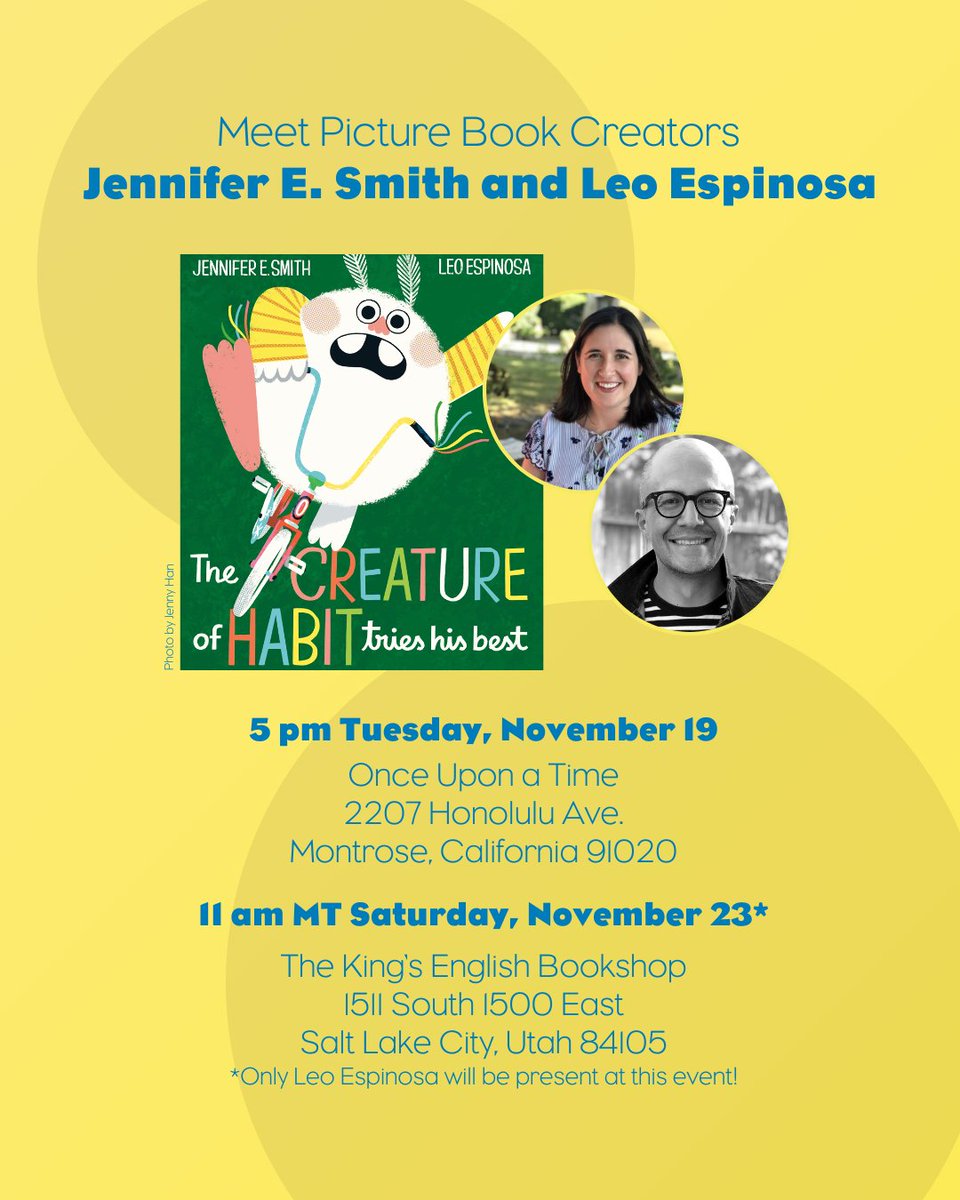 Random House Children's Books (@randomhousekids) on Twitter photo If you want to make a habit of meeting the authors and illustrators of your favorite books, then don't miss your chance to meet <a href="/JenESmith/">Jennifer E. Smith</a> and Leo Espinosa, the creative team behind The Creature of Habit Tries His Best 👋
🔗 bit.ly/JenniferSmith-… If you want to make a habit of meeting the authors and illustrators of your favorite books, then don't miss your chance to meet <a href="/JenESmith/">Jennifer E. Smith</a> and Leo Espinosa, the creative team behind The Creature of Habit Tries His Best 👋
🔗 bit.ly/JenniferSmith-…