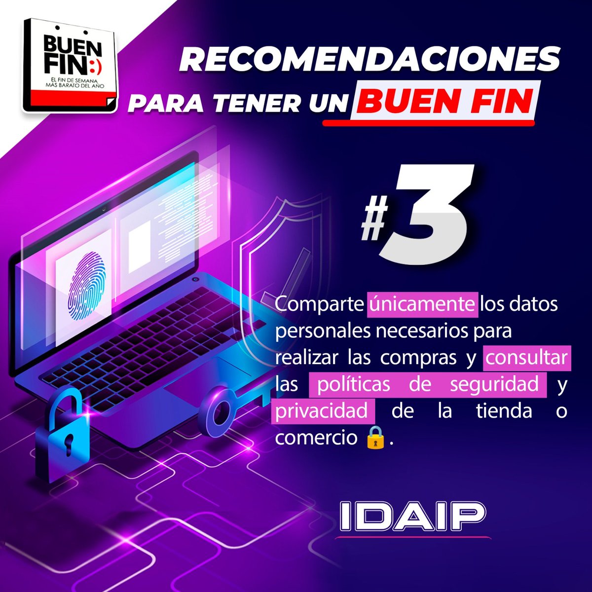 🚨 ¡Cuidado! 🚨 con los fraudes,  estafas financieras y publicidad indeseable  este #BuenFin2024 💻🛍️ protege tus #DatosPersonales 
Sigue las recomendaciones del #IDAIP