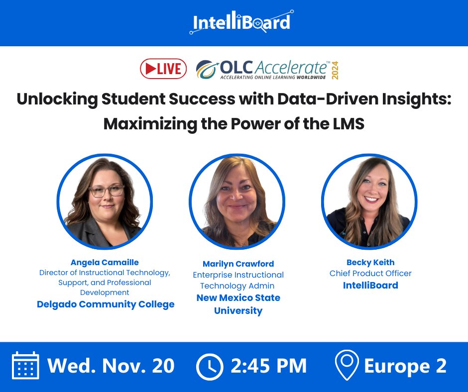 Going to OLC? You'll want to join IntelliBoard's @BeckyKeith and leaders from New Mexico State University Global Campus and Delgado Community College for a real-life case study.Find all details here: secure-platform.pulse.ly/ght0wqthz2
#LearningAnalytics #OLCAccelerate24
