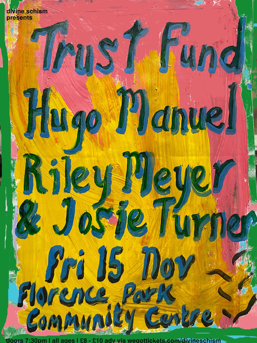 Tomorrow, a beauty in store!
<a href="/TRUST_FUND/">ellis (inactive - contact me elsewhere)</a> celebrating their stunning new album alongside Hugo Manuel <a href="/chad_valley/">Chad Valley</a> new folk songs and Riley Meyer with Josie of @junk_whale on fiddle

Not to be missed at <a href="/FloparkCC/">Florence Park Community Centre</a> 
wegottickets.com/divineschism