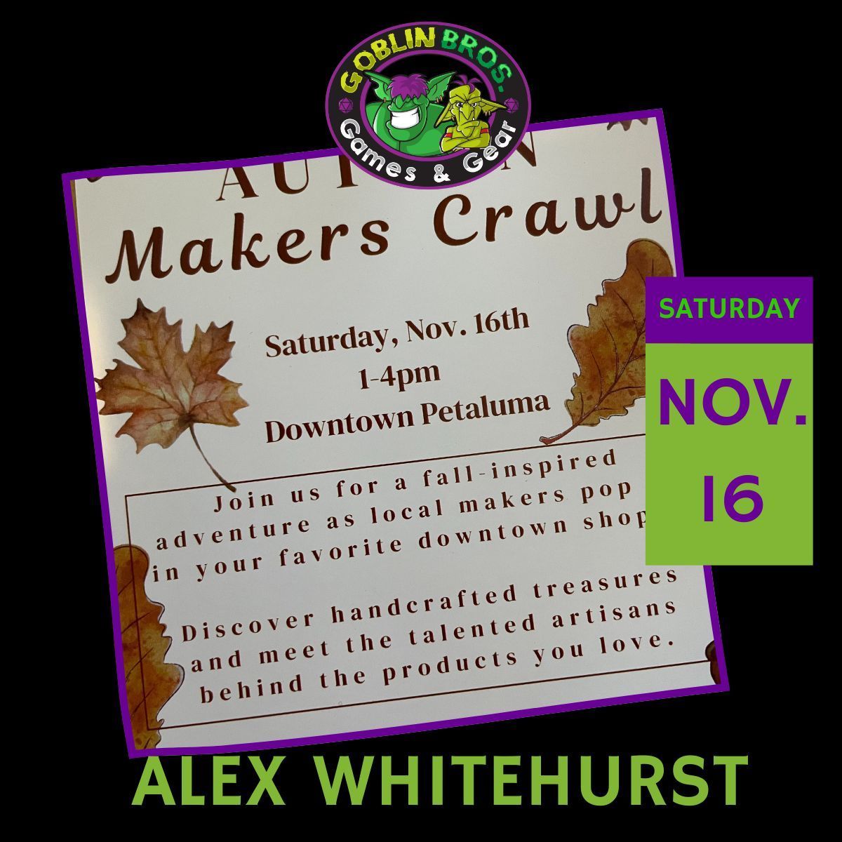 Stop by Goblin Bros. in Petaluma to see our supported artist: Alex Whitehurst! His unique style will fit that special vibe you have been looking for! #alexwhitehurst #autumnmakerscrawl #petaluma #localartists #funforhumans #goblinbros