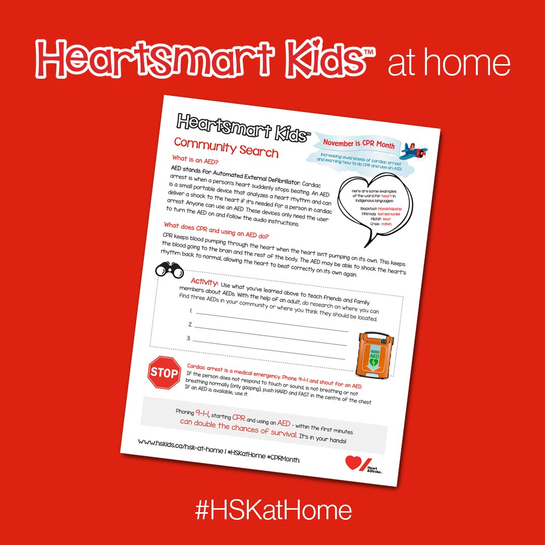 HeartandStroke's tweet photo. In celebration of #CPRMonth, learn about automated external #defibrillators or #AEDs by downloading our new HSK activity sheet! ❤️ 
Don’t forget to use #HSKatHome to share a photo of your sheets: https://t.co/ZCD1lAayTx! https://t.co/AJWlYubQ97