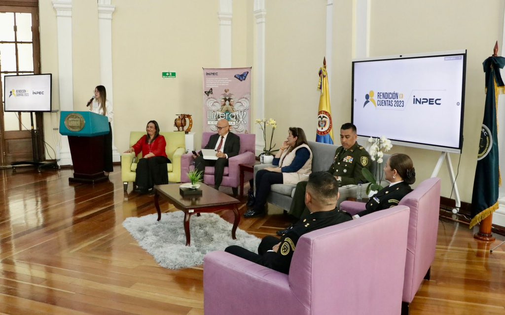 USPEC_Colombia's tweet image. Nuestro director general, Ludwing Joel Valero, @ludwing_joel, acompaña al director general del @INPEC_Colombia , Teniente Coronel Daniel Fernando Gutiérrez, y a la ministra de Justicia, Ángela María Buitrago, al ejercicio de rendición de cuentas del instituto, Vigencia 2023
