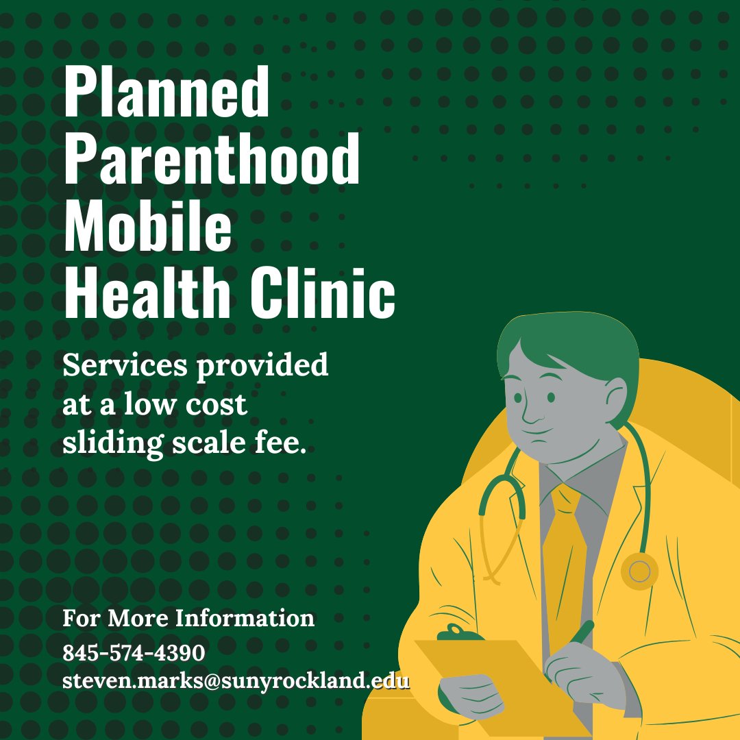 Planned Parenthood's Mobile Health Clinic is coming to RCC on 11/14 and 11/19! For more info contact Steven Marks at 845-574-4390 or steven.marks@sunyrockland.edu

#SUNY #MobileHealthClinic #RocklandCounty