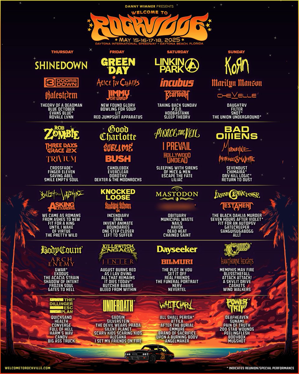 Full lineup for Welcome To Rockville 2025 at Daytona International Speedway on May 15-18!

All 4 day and single day passes are on sale NOW at bit.ly/wtr25obituary