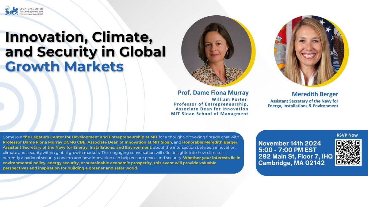 Legatum Center at MIT (@mitlegatum) on Twitter photo Join us later tonight for a special Fireside Chat on Innovation, Climate, and Security in Global Growth Markets!
The RSVP is still open: lnkd.in/g3fc9HTd 
Time: 5:00 - 7:00 PM EST
IHQ, 7th floor
Livestream here: lnkd.in/eAgNbD7J Join us later tonight for a special Fireside Chat on Innovation, Climate, and Security in Global Growth Markets!
The RSVP is still open: lnkd.in/g3fc9HTd 
Time: 5:00 - 7:00 PM EST
IHQ, 7th floor
Livestream here: lnkd.in/eAgNbD7J