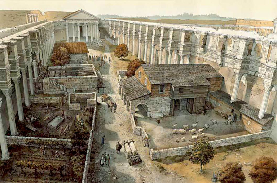 The ruined and decayed Forum of Nerva in Rome, Italy, in the 9th Century AD