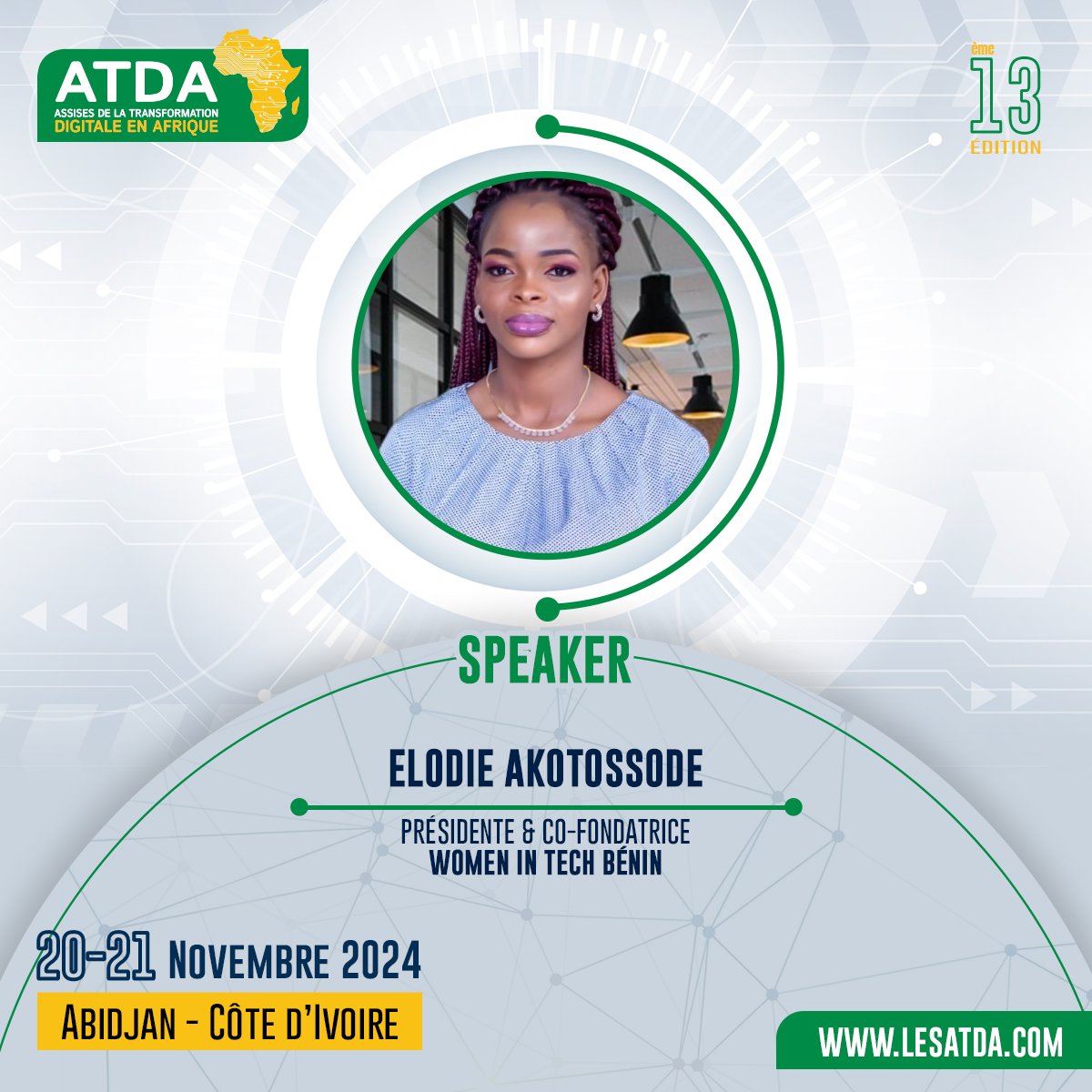 🚨 #ATDA2024 : À la rencontre des leaders du numérique africain 🌍

Nous avons le plaisir de vous présenter <a href="/ElodieA_P/">Elodie AKOTOSSODE PADONOU</a>, Présidente &amp; Co-fondatrice <a href="/womenedtech/">Women EdTech</a>, qui prendra part en tant que #𝗦𝗽𝗲𝗮𝗸𝗲𝗿 lors de nos sessions à #Abidjan les 20 et 21 novembre 2024 🇨🇮

#ATDA