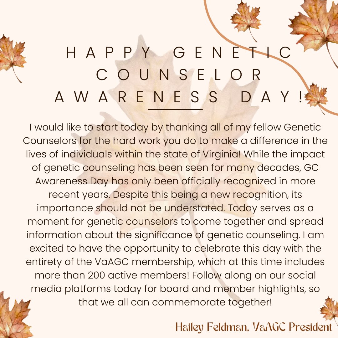 Va_AGC's tweet photo. Moving to honoring our present day Genetic Counselors, here is a message from our current VAAGC President, Hailey Feldman! #iamageneticcounselor #gcawarenessday https://t.co/z6nW6lXjpW