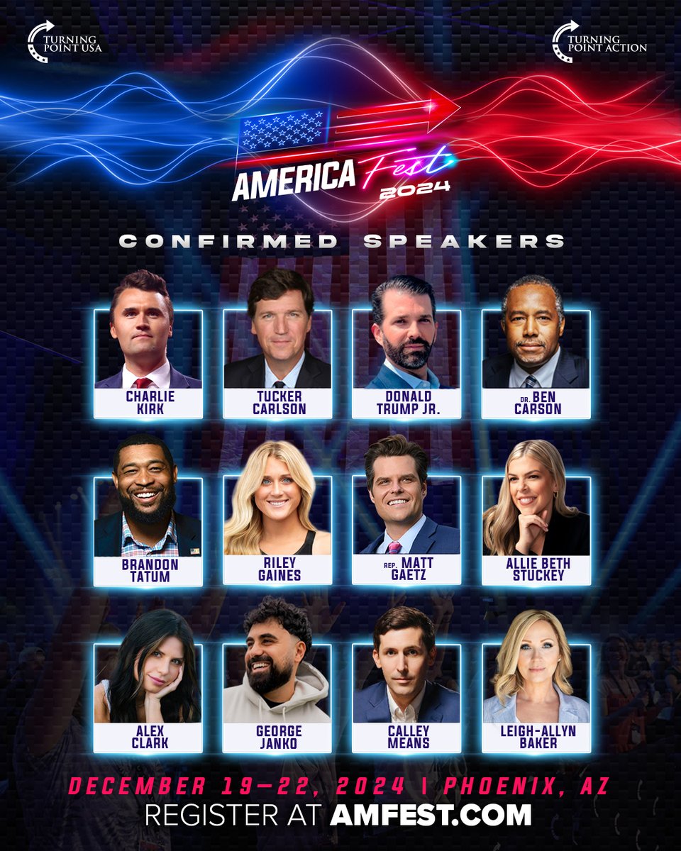 Our latest #AmFest2024 speaker drop is here! WHO'S READY?

REGISTER NOW for the BIGGEST freedom party of the year at AMFEST.COM 🇺🇸 🎉