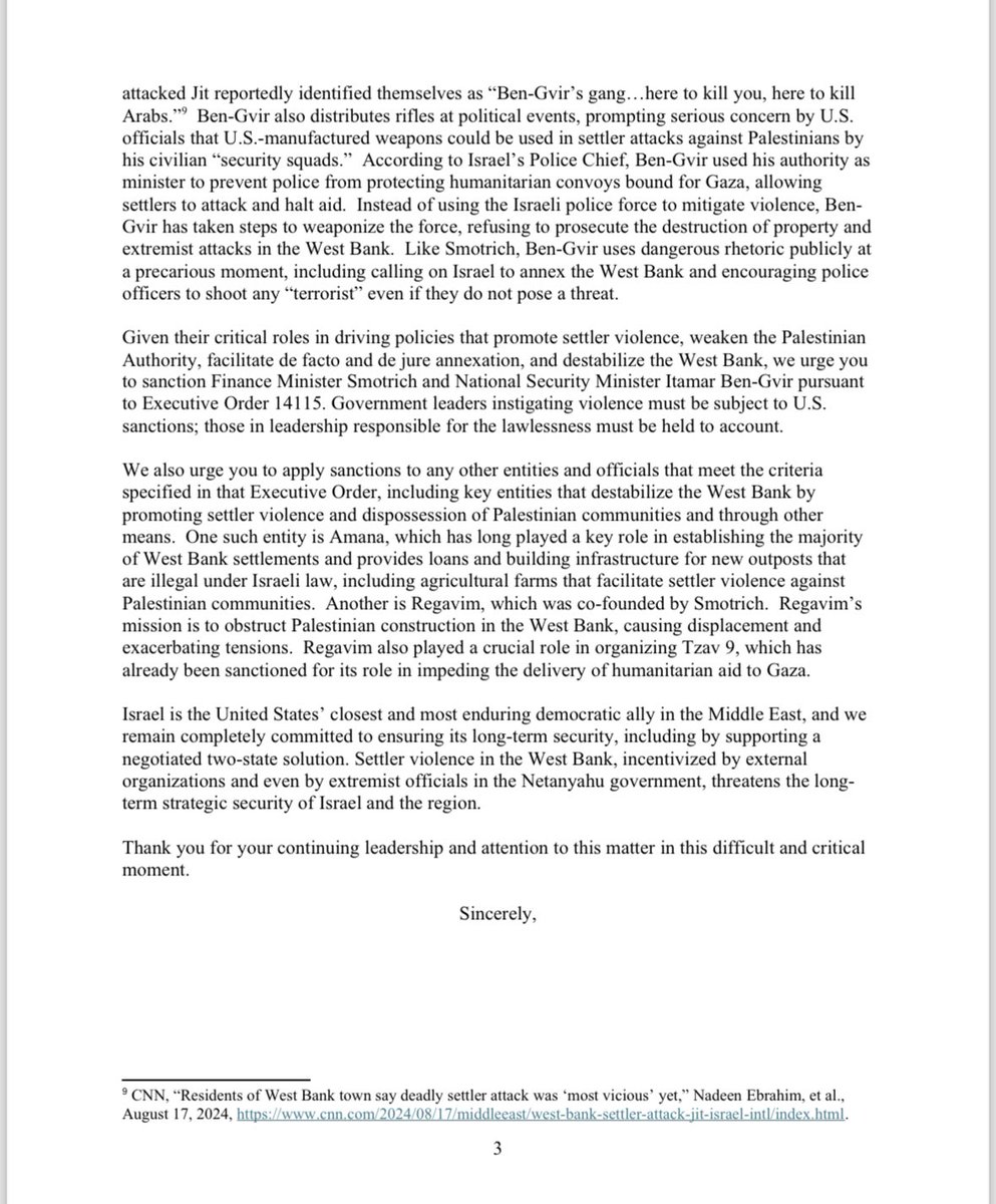 FarnoushAmiri's tweet photo. NEW: In a letter sent to Biden before election &amp; made public now since there’s been no WH response, more than 80 Dem members of Congress press Biden admin to sanction members of Israeli Govt. for the rise in settler violence, etc., in the West Bank in his final weeks in office. https://t.co/fYbHcXpdCF