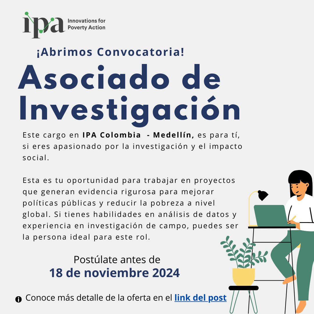 🔍 ¡Oportunidad en IPA 🇨🇴! 
Buscamos un/a Research Associate para unirse a nuestra oficina de Medellín para apoyar investigaciones rigurosas y políticas basadas en evidencia. 
Si les interesa este reto, consulta más y aplica antes del 18 de nov 2024 aquí: bit.ly/4etbJ3l