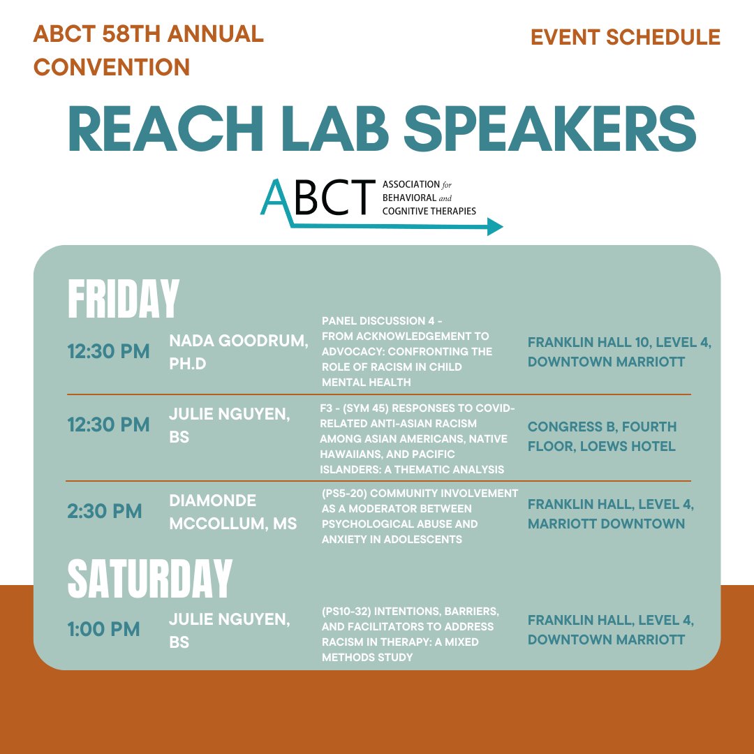 reachlabusc's tweet photo. Some members of the REACH Lab are headed to the @ABCTNOW convention this weekend!

Check out our schedule of speakers!

#ABCT2024 https://t.co/ow9Nku0cKO