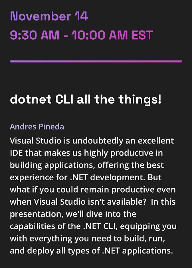 ajpinedam's tweet image. I just finished my presentation about the .net CLI at #dotNETConf !
Full of demos of how to use the .NET CLI to expand your developer experience when building .NET Apps
The recording will be available later on the dotnet YouTube channel
Thanks @dotnet &amp; everyone who attended!