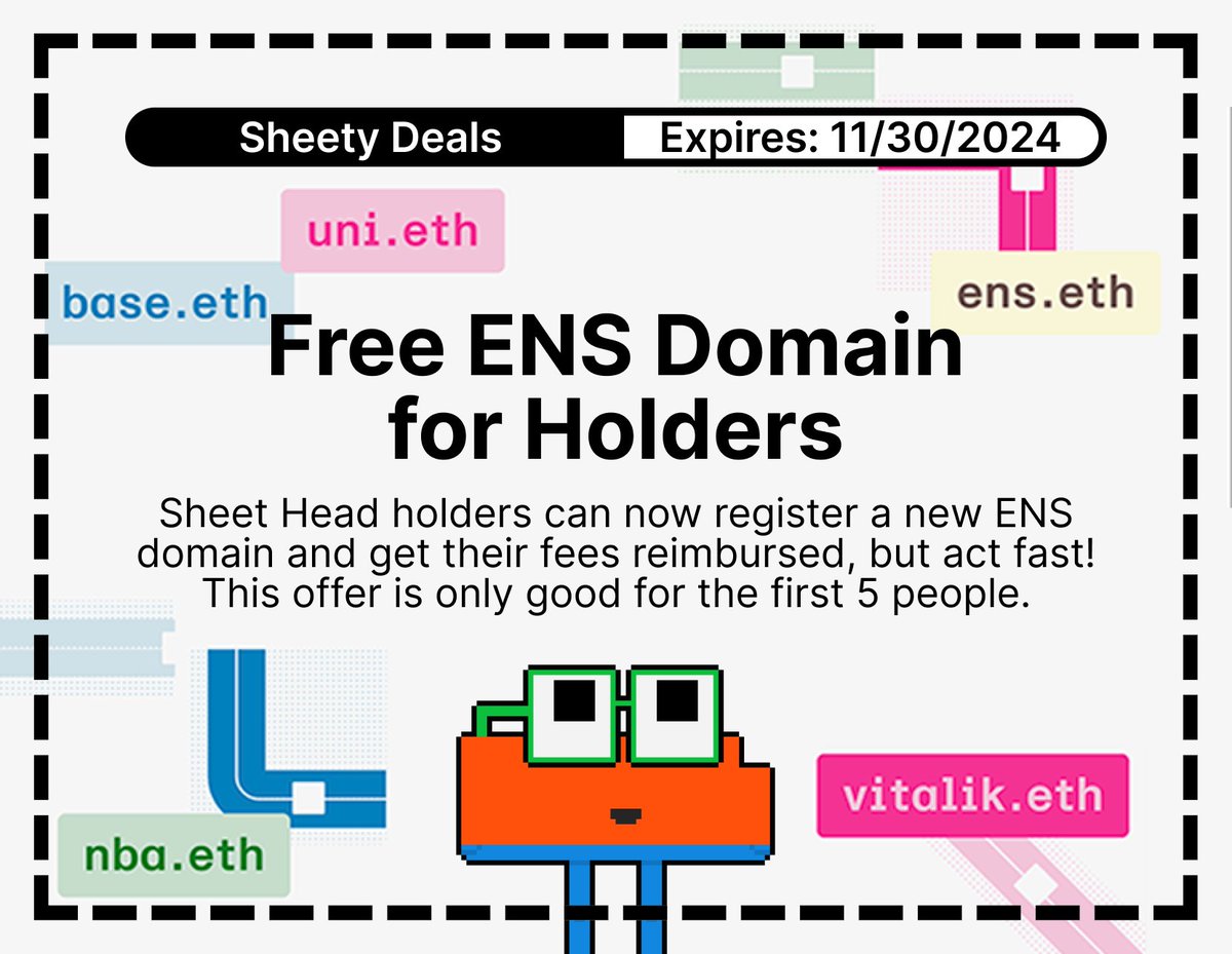 Sheet_Heads's tweet photo. FREE ENS Domains (@ensdomains) for Sheet Head NFT Holders!! 🖨️

ETH Address: 0x57D1ed9Da4aB914DDB8871801D31B67de0649F7c
Requirement: Any Sheet Head
Expiration Date: November 30th, 2024
Max Claims: 5 https://t.co/XKhMLMH1nl
