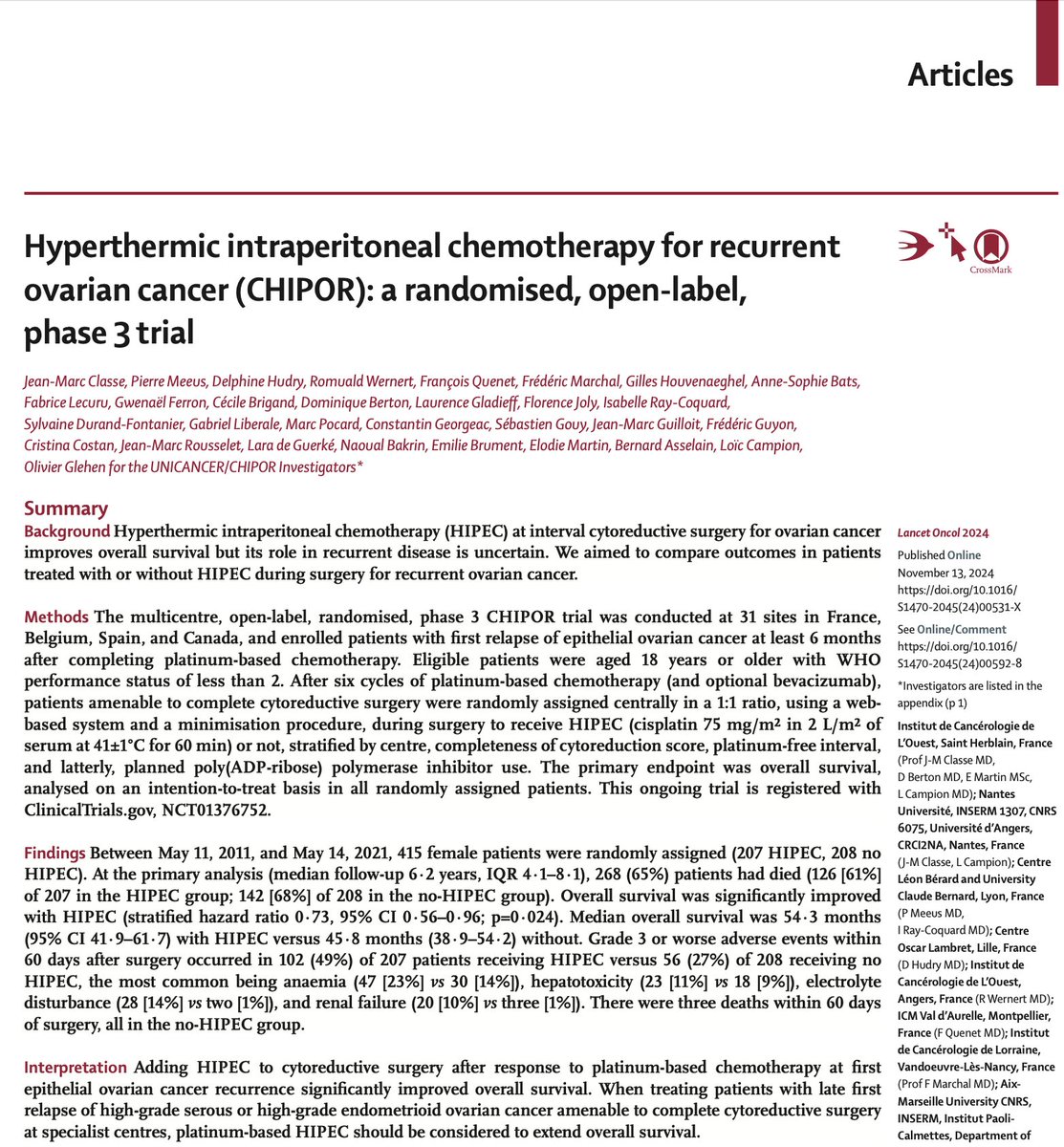 Esra Bilir, MD, MSc (@esragbilir) on Twitter photo 🔥HOT off the press🔥HIPEC➕cytoreductive sx after response to platinum-based CTx @ 1st epithelial #OvarianCancer recurrence significantly improved OS
<a href="/OncoAlert/">OncoAlert</a> <a href="/oncodaily/">OncoDaily</a> <a href="/zivanovicmd/">Oliver Zivanovic</a> <a href="/TheLancet/">The Lancet</a> <a href="/gyncsm/">GYN Cancer | #GYNCSM</a> <a href="/GynMe4/">SoMe4GynOnc</a> <a href="/ESGO_society/">ESGO</a> <a href="/IJGConline/">IJGC</a> <a href="/RParejaGineOnco/">René Pareja</a>
thelancet.com/journals/lanon… 🔥HOT off the press🔥HIPEC➕cytoreductive sx after response to platinum-based CTx @ 1st epithelial #OvarianCancer recurrence significantly improved OS
<a href="/OncoAlert/">OncoAlert</a> <a href="/oncodaily/">OncoDaily</a> <a href="/zivanovicmd/">Oliver Zivanovic</a> <a href="/TheLancet/">The Lancet</a> <a href="/gyncsm/">GYN Cancer | #GYNCSM</a> <a href="/GynMe4/">SoMe4GynOnc</a> <a href="/ESGO_society/">ESGO</a> <a href="/IJGConline/">IJGC</a> <a href="/RParejaGineOnco/">René Pareja</a>
thelancet.com/journals/lanon…