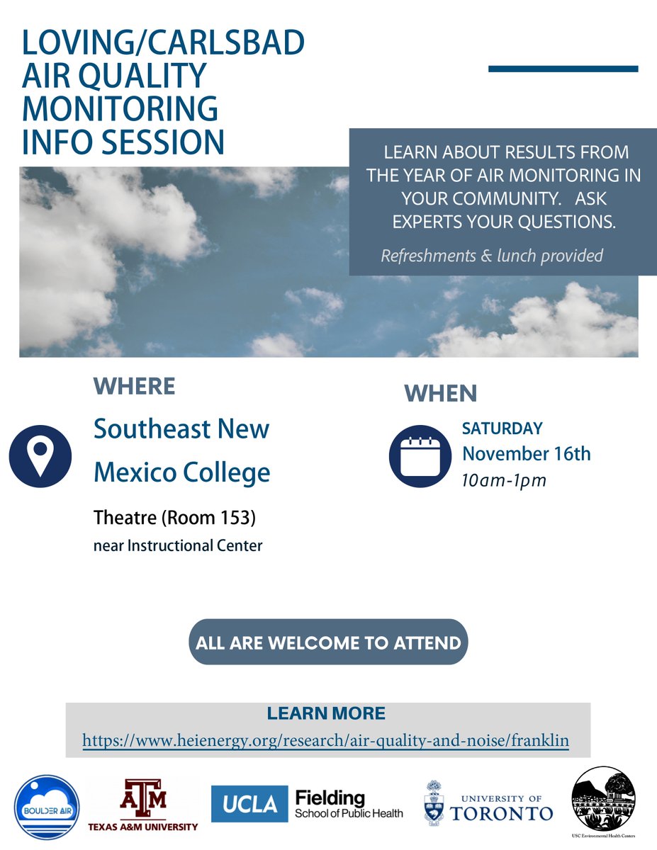 Join us for the Loving/Carlsbad Air Quality Monitoring Info Session!

📅 Sat Nov 16, 10am-1pm at <a href="/senmcollege/">Southeast New Mexico College</a>, Theatre Room 153.

Learn about local air quality results, ask questions, &amp; engage with experts! Zoom access also provided.

Learn more: tinyurl.com/4j592c4s