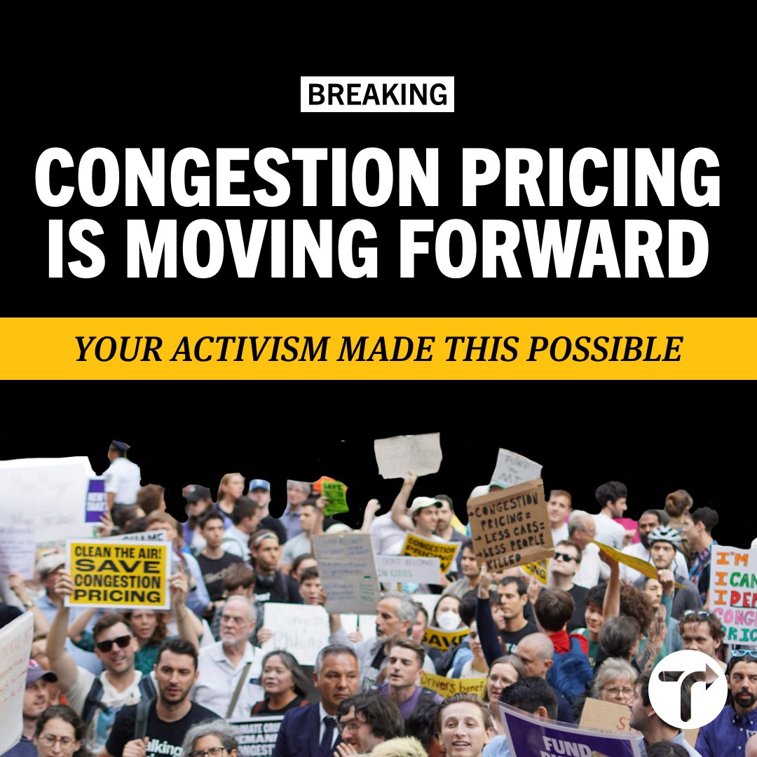 Today — because you called and rallied and never stopped pushing — <a href="/GovKathyHochul/">Governor Kathy Hochul</a> is advancing congestion pricing.

We are one step closer to cleaner air, safer streets, faster buses, accessible subways &amp; a more resilient future.

Today wouldn't have been possible without you.