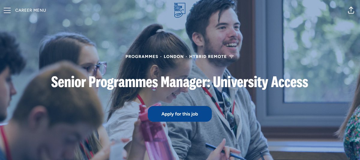 Jon Datta (@dattajon) on Twitter photo 📈Hiring! Join <a href="/suttontrust/">The Sutton Trust</a> as Senior Programmes Manager – a fantastic chance to change thousands of lives every year. If you're passionate about widening access to uni & social mobility, get in touch! #Hiring #EducationJobs #SocialMobility
🔗recruitment.suttontrust.com/jobs/5200404-s… 📈Hiring! Join <a href="/suttontrust/">The Sutton Trust</a> as Senior Programmes Manager – a fantastic chance to change thousands of lives every year. If you're passionate about widening access to uni & social mobility, get in touch! #Hiring #EducationJobs #SocialMobility
🔗recruitment.suttontrust.com/jobs/5200404-s…
