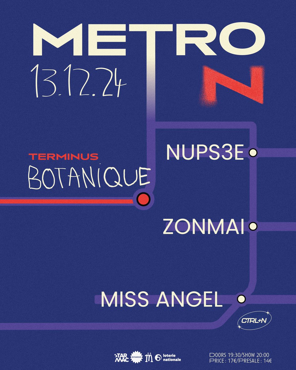 Dernière édition du METRO+N au <a href="/Botanique/">Botanique</a> dans moins d’un mois 🥺

La line-up est folle : <a href="/zonmai4everyeah/">Zonmai4ever</a>, Miss Angel et Nups3e (<a href="/crcforreal/">MonsieurLaPluie</a>, <a href="/godson_3e/">moneyboyzarchivesgrandcommeles🙏🏿</a> et <a href="/alphadidas/">BITW CHARLES BASS</a>)

Tickets : botanique.be/fr/concert/met…