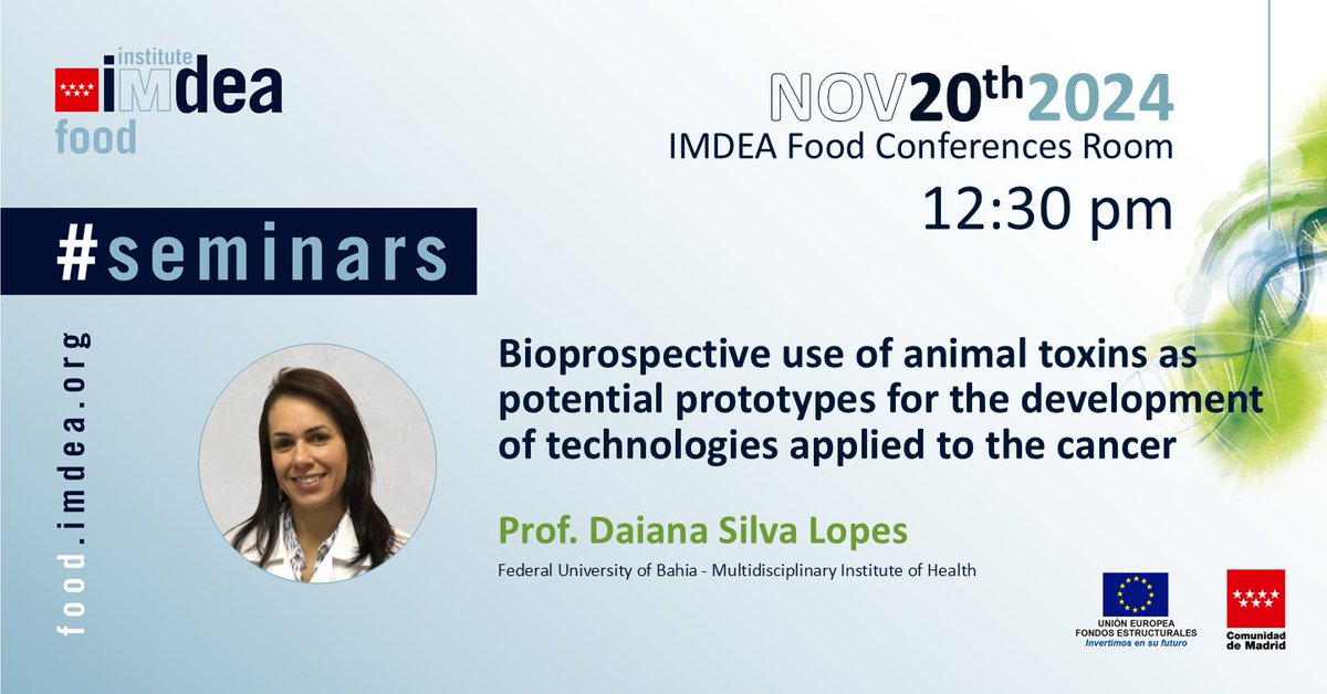 IMDEANutricion's tweet photo. 🐙 Animal toxins are emerging as a source of treatments for diseases such as #cancer.

This is the topic that Prof. Daiana Silva @isc_ufba is going to present in the next #Seminar💬.

Come and join us! Register easily here
🔗 https://t.co/ub7RDrRnUj

#Seminars #Venomics https://t.co/CKk2eazoSs