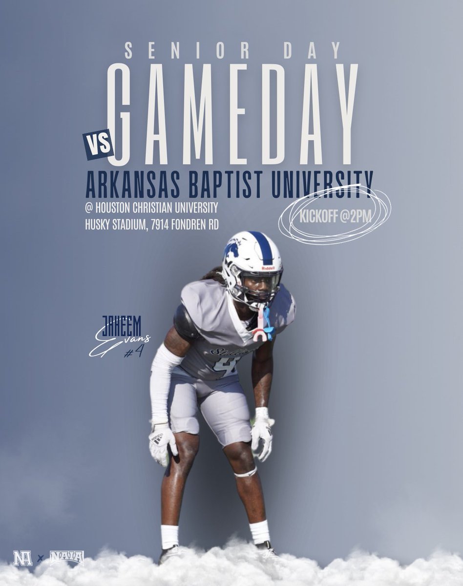 GAMEEEDAYYYY ALERT Come join us as we send off our seniors with a bang on #SENIORDAY‼️
🆚 : Arkansas Baptist University 
📆 : 11/16/2024
⏰ : 2:00 PM
🏟️ : Husky Stadium (7914 Fondren Rd, HTX)