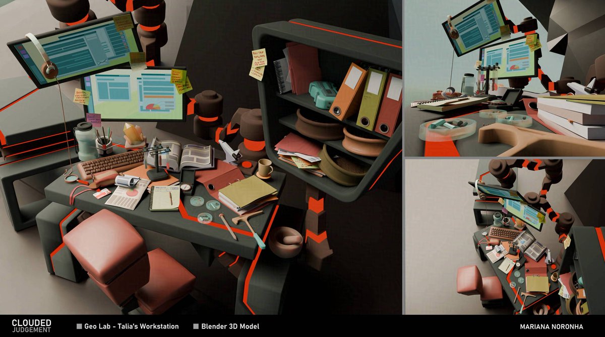 Talia's work station! At long last! I took this task as an opportunity to refresh my 3D brain :) Was definitely inspired by my fellow visdev artists who have been exploring 3D as a stylised medium. Can't wait to learn more! :D