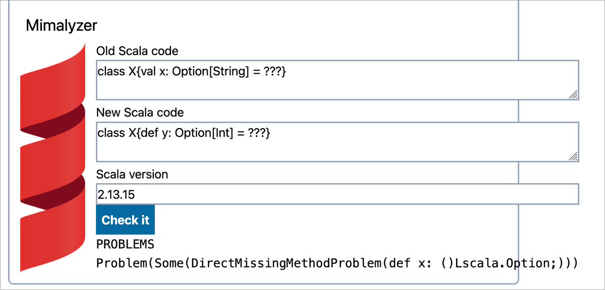 Quickest I ever deployed anything probably 

Mimalyzer: check if a change triggers a MiMa problem

Try it: mimalyzer.fly.dev
Code: github.com/keynmol/mimaly…
Template: github.com/indoorvivants/…

It's built in like 40 minutes, so it will constantly crash, bye :P