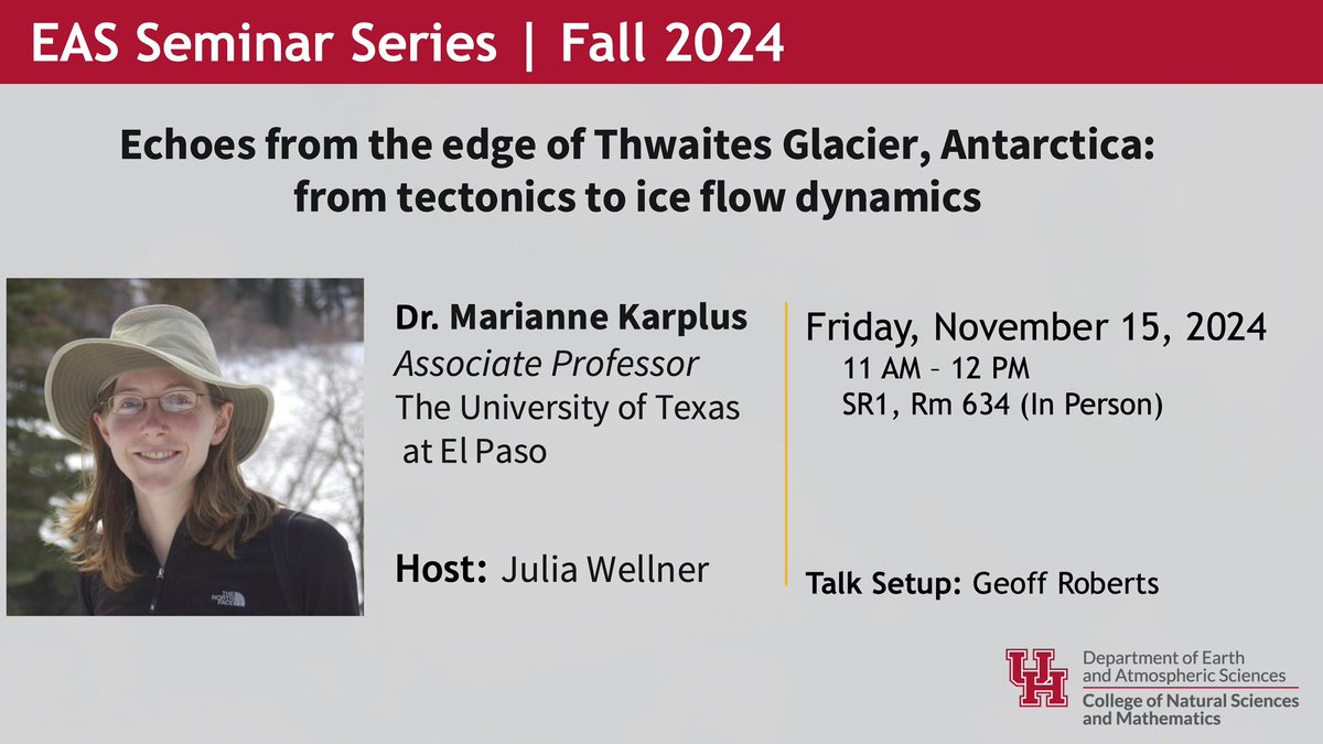 Please join us this Friday for a Seminar with Dr. Marianne Karplus on a presentation entitled “Echoes from the edge of Thwaites Glacier, Antarctica: from tectonics to ice flow dynamics”. See details in the flyer.