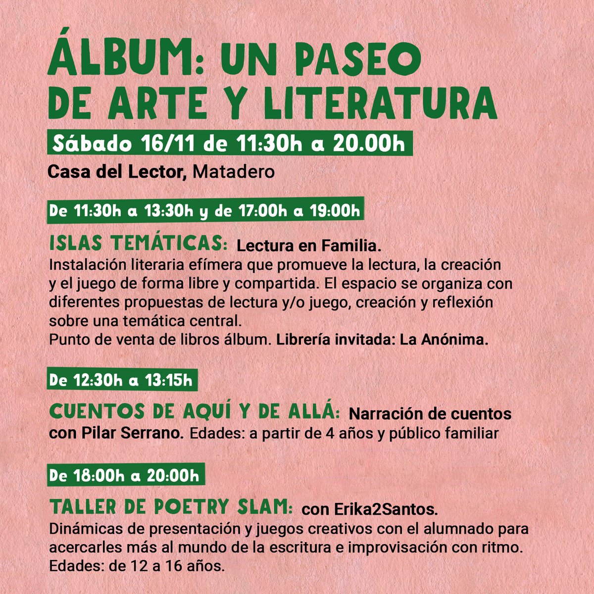La Anónima Librería (@laanonimalib) on Twitter photo 📣 ATENCIÓN 📣 Este sábado estaremos de 11:30h a 20:00h en <a href="/CasaLector/">Casa del Lector</a> como librería invitada dentro de la #SemanadelÁlbum de Madrid ¡y tienen programadas un montón de actividades gratuitas para público infantil y juvenil!
¡Te esperamos!
👇🏻 📣 ATENCIÓN 📣 Este sábado estaremos de 11:30h a 20:00h en <a href="/CasaLector/">Casa del Lector</a> como librería invitada dentro de la #SemanadelÁlbum de Madrid ¡y tienen programadas un montón de actividades gratuitas para público infantil y juvenil!
¡Te esperamos!
👇🏻