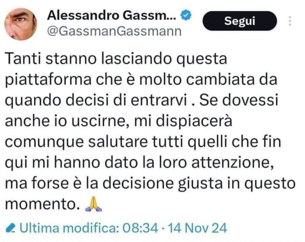 Il nulla con il cognome intorno lascerà anche lui X.
Non è Lercio e non è un meme.
È solo l'ennesimo rumore di fondo che emana da un paese, oramai quasi privo di forme di vita intelligente.
Comunque si nota dal tono, che non è ancora convinto di mollare i "followers".
Seguiremo.