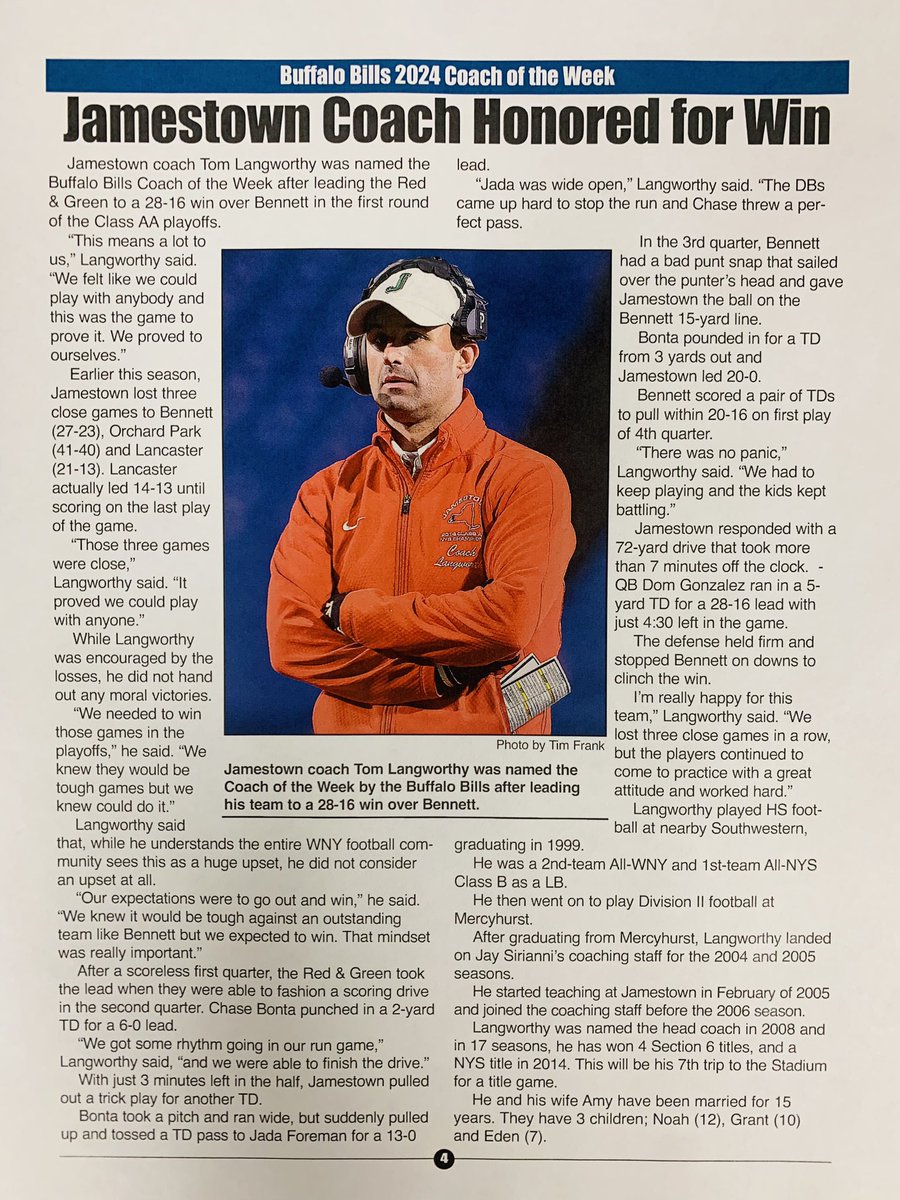 Congratulations to Coach Langworthy on being honored with the "Coach of the Week" award! Well deserved!