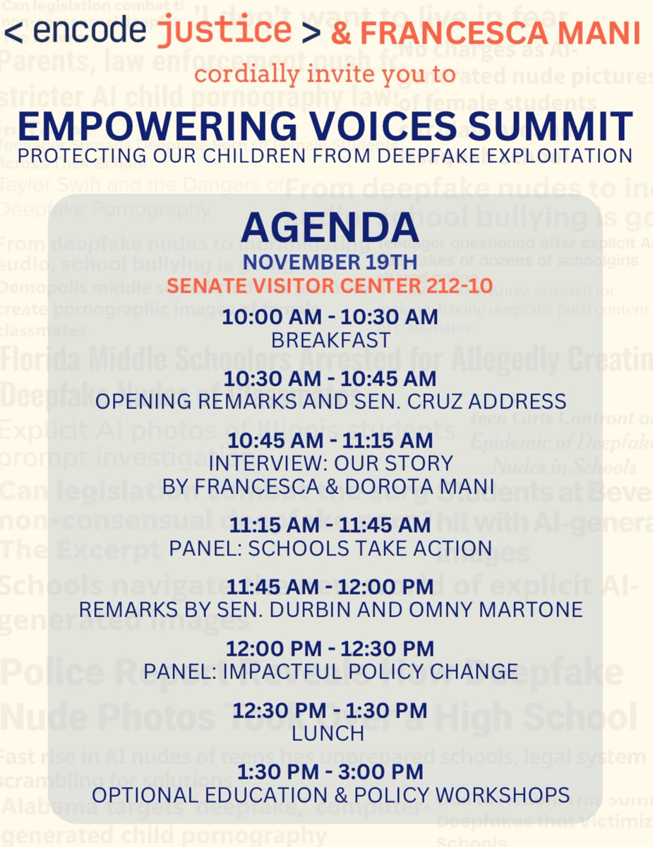 NEXT TUES, 11/19 IN DC: Join us for a summit on ending deepfake sexual abuse in schools, co-hosted with deepfake victim Francesca Mani.

Speakers: Sens. Cruz, Klobuchar, and Durbin + Snap’s Platform Safety Lead, RAINN’s VP of Public Policy, and more! Register below: