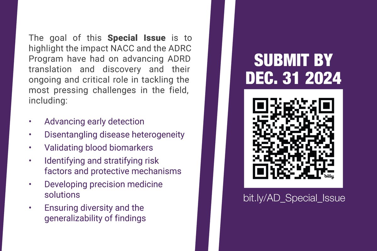 National Alzheimer's Coordinating Center (NACC) (@naccdata) on Twitter photo Submit your research or review papers that highlight the impact of <a href="/NACCData/">National Alzheimer's Coordinating Center (NACC)</a> and the #NIAfundedADRC program have had on advancing #AlzheimersDisease translation and discovery. Check out the list below of topics of interest for submissions.
bit.ly/AD_Special_Iss… Submit your research or review papers that highlight the impact of <a href="/NACCData/">National Alzheimer's Coordinating Center (NACC)</a> and the #NIAfundedADRC program have had on advancing #AlzheimersDisease translation and discovery. Check out the list below of topics of interest for submissions.
bit.ly/AD_Special_Iss…