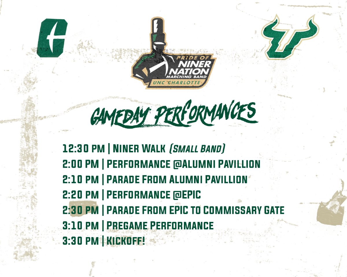PNNMB's tweet image. Don't forget this Saturday, November 16th, @charlottefootball takes on South Florida at Jerry Richardson Stadium for HOMECOMING! Come out and watch us perform! GO NINERS!