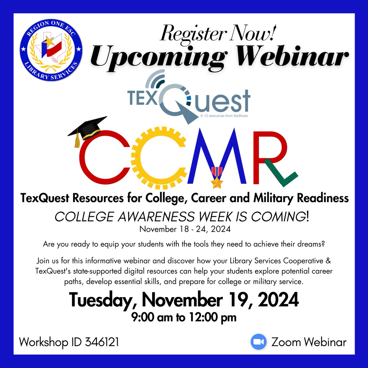 🎓👷🏻‍♂️🎖️ Ready to equip your students for college and career success? 

📚💻 Join our 🆓 webinar on Tuesday, Nov 19th to learn how to leverage your <a href="/esc1library/">Region One Library Services</a> and <a href="/TexQuest/">TexQuest</a> digital resources for #CCMR!

🔗 Register here &gt; apps.esc1.net/ProfessionalDe…
