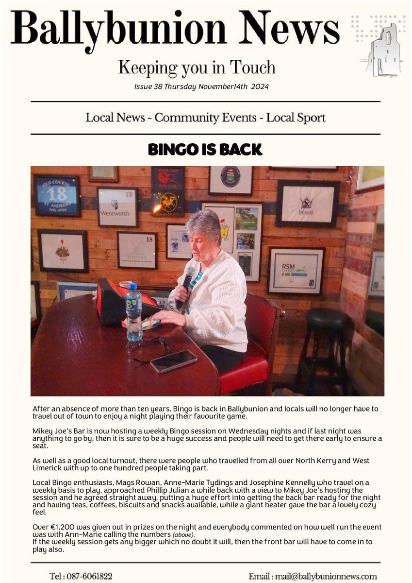 This week’s issue of Ballybunion News has been uploaded to the website. Its costs just €12 per annum to read and you can register at ballybunionnews.com