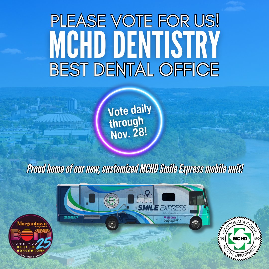 WVMCHD's tweet image. MCHD Dentistry is the reigning Best Dental Office in @MorgantownMag's BOM contest, and we'd like to keep it that way! You can vote daily through Nov. 28, and this link takes you right to our entry. 
tinyurl.com/2t663au6
#wvmchd #BestDentalOffice #MorgantownMag #BOM25
🦷🥇🏆