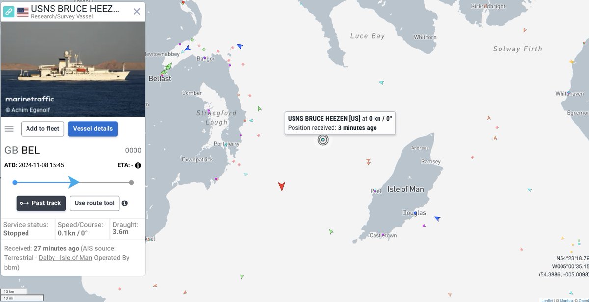 alternativewip's tweet photo. #USNavy USN research / survey vessel also (in relation to my previous post) seen in the irish sea, this looking here to be to the north of the russian vessel and to the west of the isle of man. #USNS #BruceCHeezen #TAGS64 #IrishSea https://t.co/RqF9QfqAll